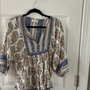 Lucky Brand Cream and Blue Floral Blouse